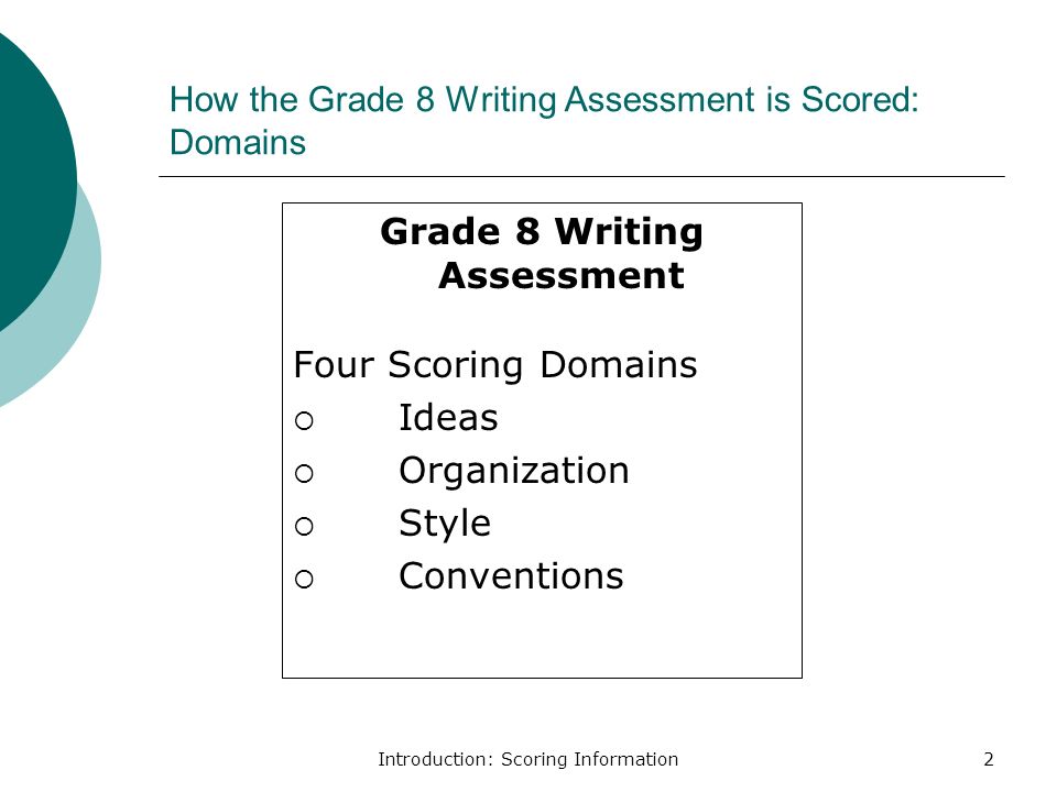 Introduction: Scoring Information2 How the Grade 8 Writing Assessment is Scored: Domains Grade 8 Writing Assessment Four Scoring Domains  Ideas  Organization  Style  Conventions