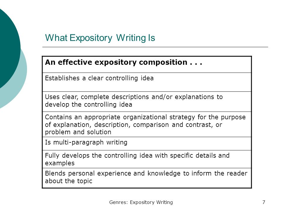 Genres: Expository Writing7 What Expository Writing Is An effective expository composition...