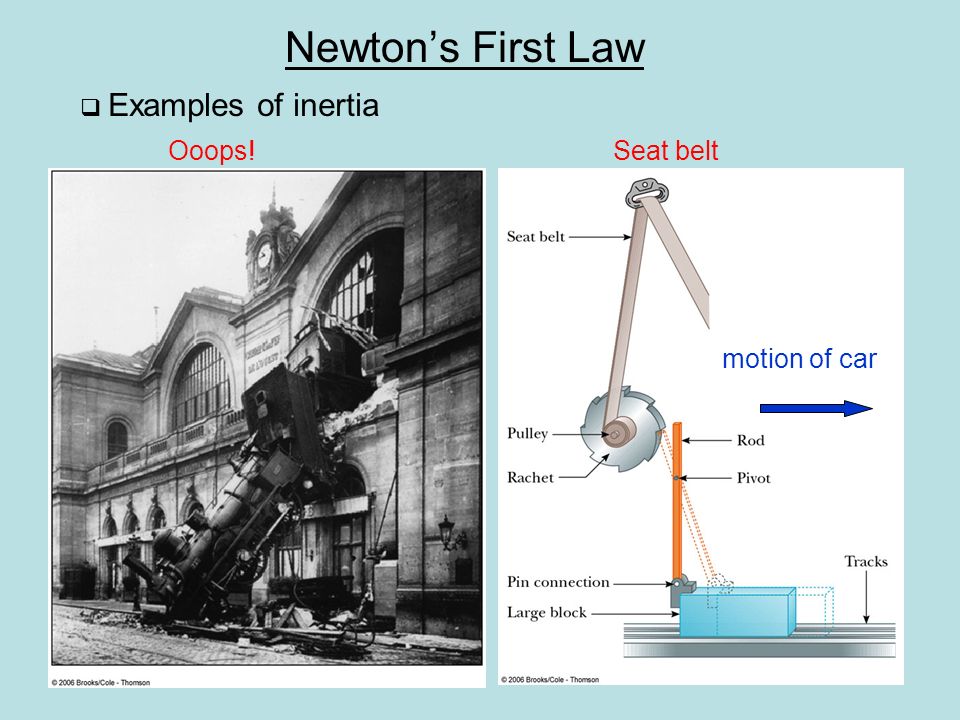 Newton’s First Law  Examples of inertia Ooops!Seat belt motion of car
