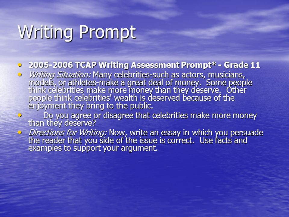 Writing Prompt TCAP Writing Assessment Prompt* - Grade TCAP Writing Assessment Prompt* - Grade 11 Writing Situation: Many celebrities-such as actors, musicians, models, or athletes-make a great deal of money.