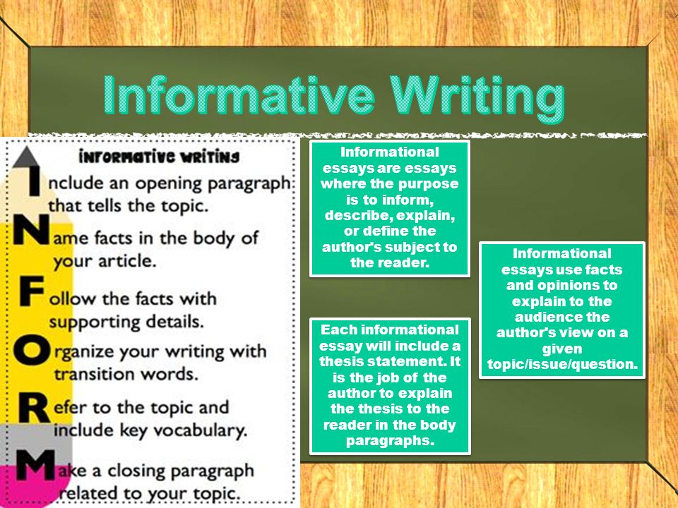 Informational essays are essays where the purpose is to inform, describe, explain, or define the author s subject to the reader.