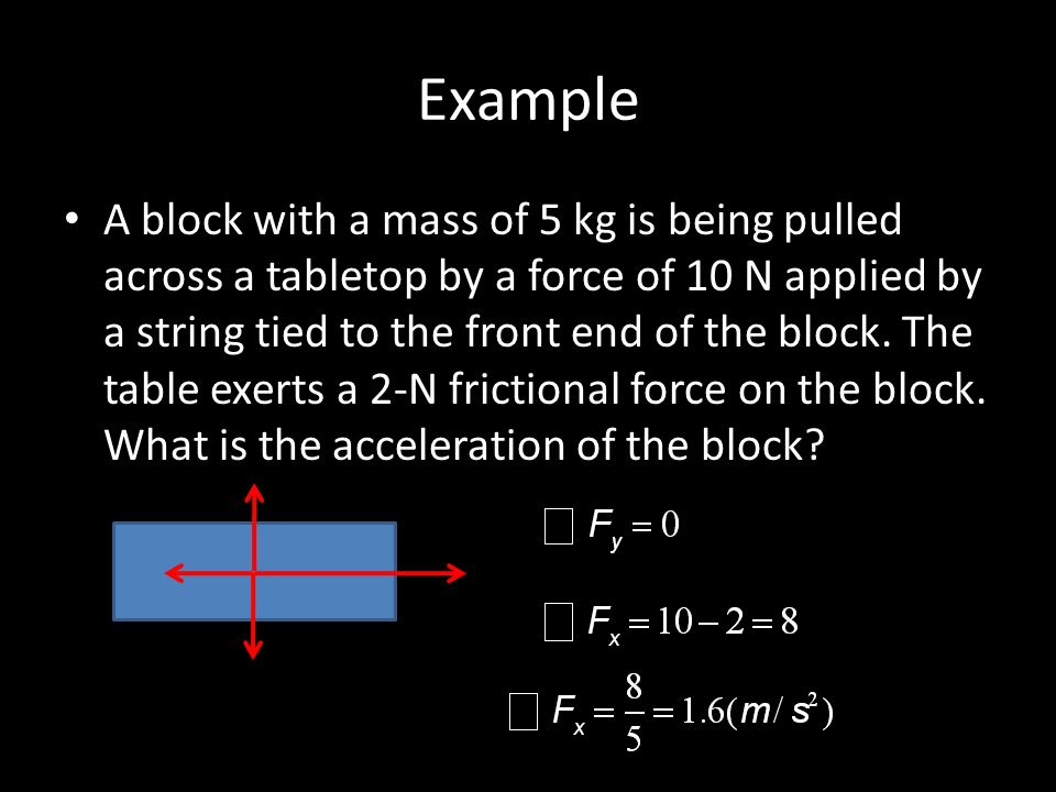 Example A block with a mass of 5 kg is being pulled across a tabletop by a force of 10 N applied by a string tied to the front end of the block.