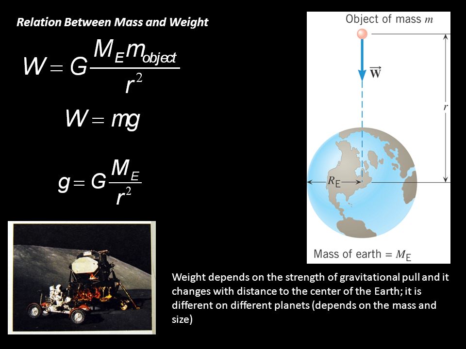 Relation Between Mass and Weight Weight depends on the strength of gravitational pull and it changes with distance to the center of the Earth; it is different on different planets (depends on the mass and size)