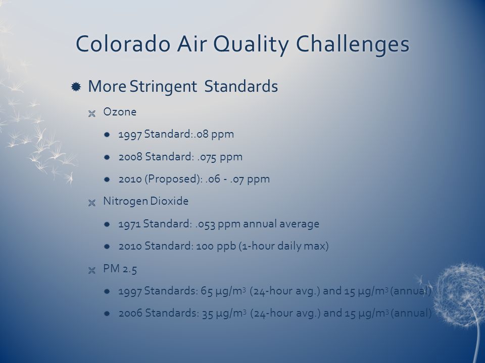 Colorado Air Quality ChallengesColorado Air Quality Challenges  More Stringent Standards  Ozone  1997 Standard:.08 ppm  2008 Standard:.075 ppm  2010 (Proposed): ppm  Nitrogen Dioxide  1971 Standard:.053 ppm annual average  2010 Standard: 100 ppb (1-hour daily max)  PM 2.5  1997 Standards: 65 μg/m 3 (24-hour avg.) and 15 μg/m 3 (annual)  2006 Standards: 35 μg/m 3 (24-hour avg.) and 15 μg/m 3 (annual)