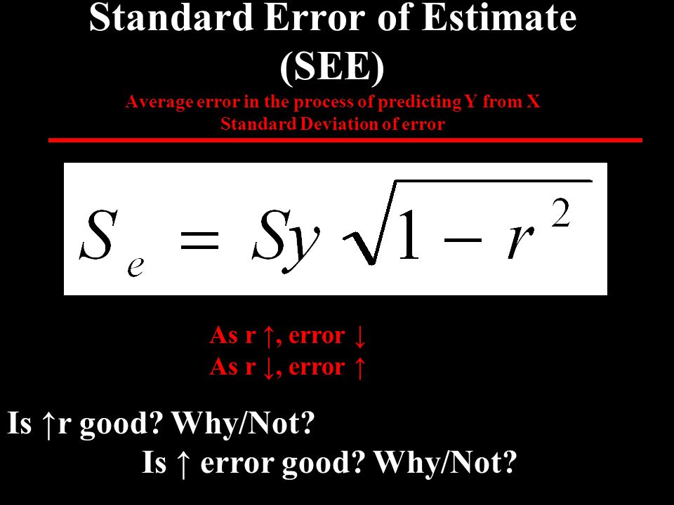 Standard Error of Estimate (SEE) Average error in the process of predicting Y from X Standard Deviation of error As r ↑, error ↓ As r ↓, error ↑ Is ↑r good.