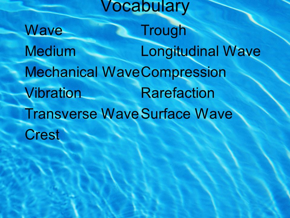 Vocabulary Wave Trough MediumLongitudinal Wave Mechanical WaveCompression VibrationRarefaction Transverse WaveSurface Wave Crest