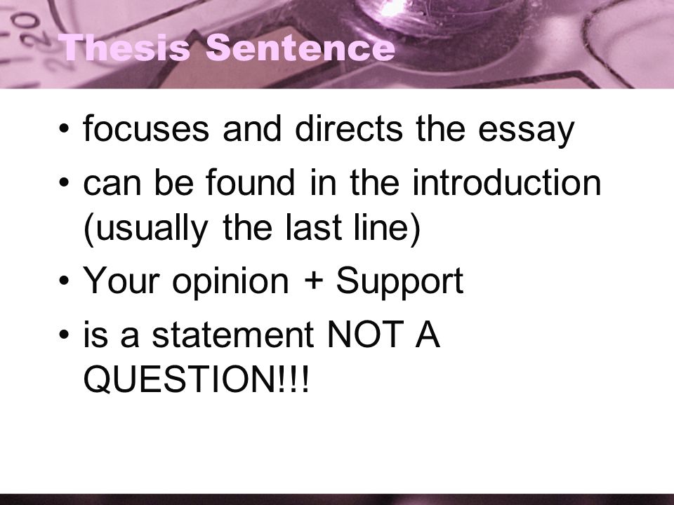 Thesis Sentence focuses and directs the essay can be found in the introduction (usually the last line) Your opinion + Support is a statement NOT A QUESTION!!!