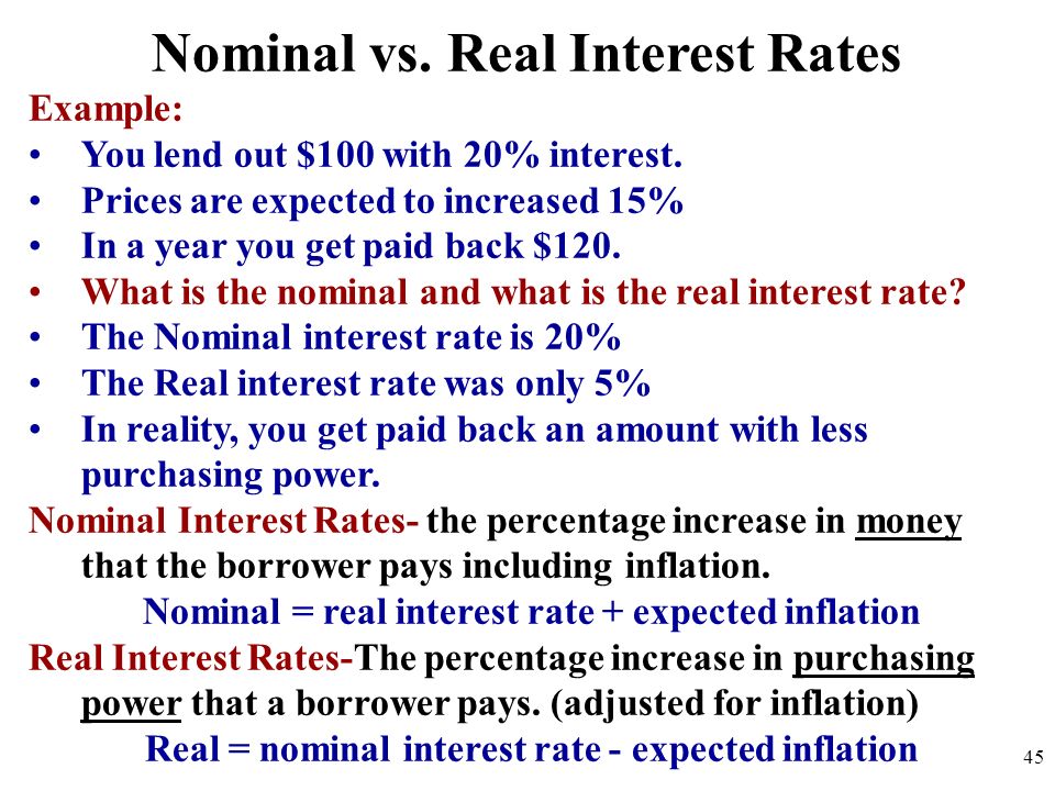 Nominal vs. Real Interest Rates Example: You lend out $100 with 20% interest.