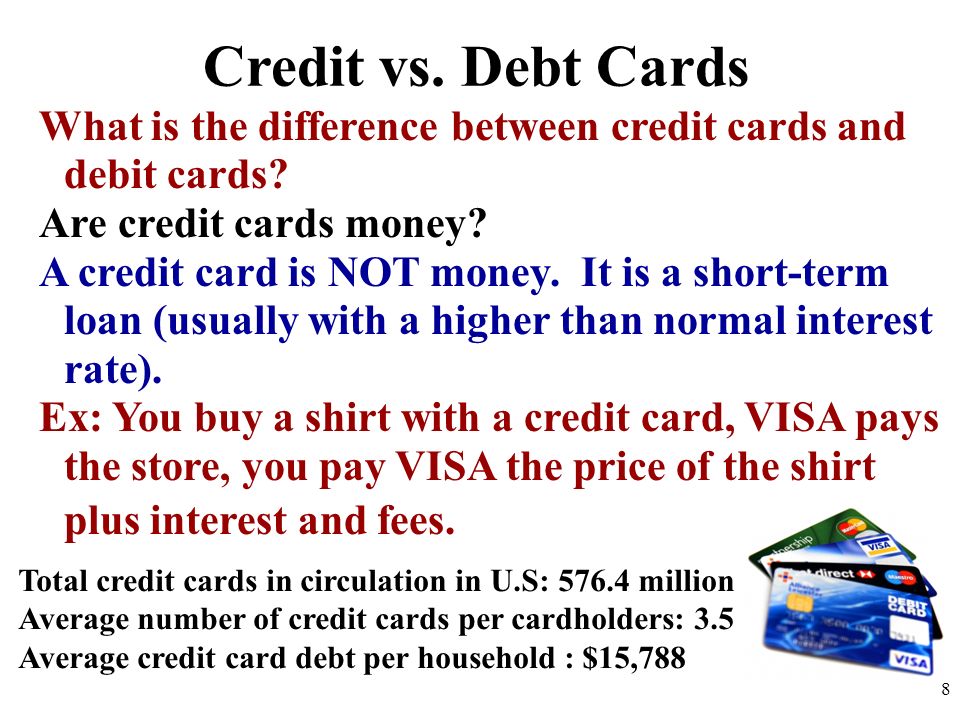 Credit vs. Debt Cards What is the difference between credit cards and debit cards.