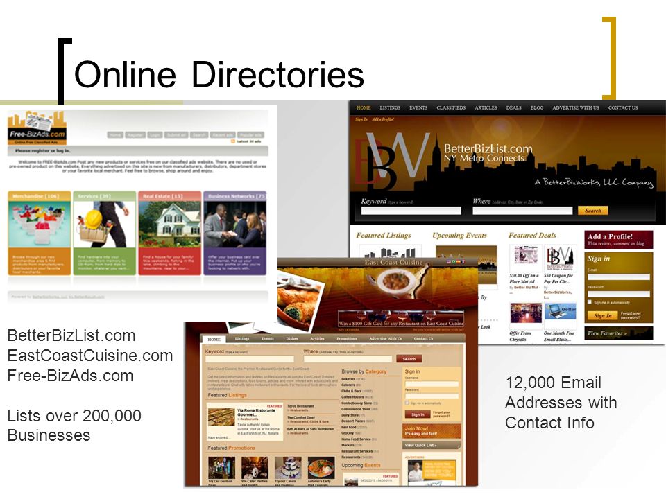 Online Directories BetterBizList.com EastCoastCuisine.com Free-BizAds.com Lists over 200,000 Businesses 12,000  Addresses with Contact Info
