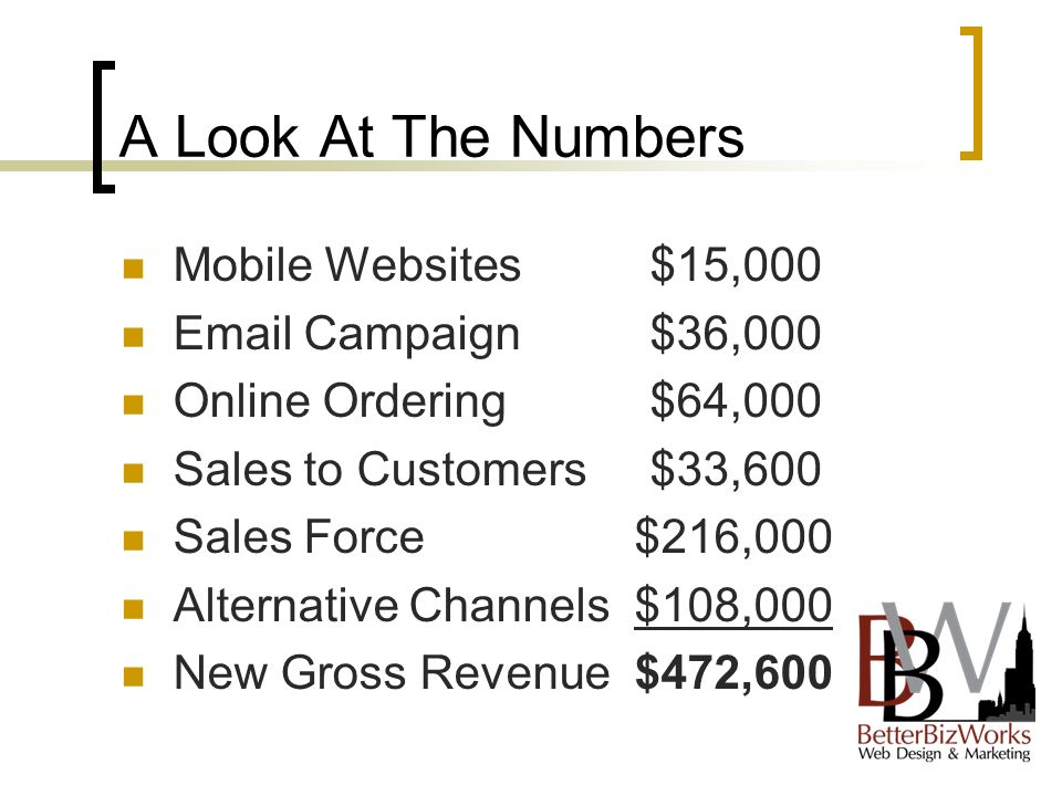 A Look At The Numbers Mobile Websites $15,000  Campaign $36,000 Online Ordering $64,000 Sales to Customers $33,600 Sales Force $216,000 Alternative Channels $108,000 New Gross Revenue $472,600