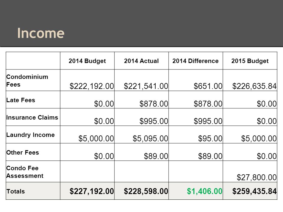Income 2014 Budget2014 Actual2014 Difference2015 Budget Condominium Fees $222,192.00$221,541.00$651.00$226, Late Fees $0.00$ $0.00 Insurance Claims $0.00$ $0.00 Laundry Income $5,000.00$5,095.00$95.00$5, Other Fees $0.00$89.00 $0.00 Condo Fee Assessment $27, Totals $227,192.00$228,598.00$1,406.00$259,435.84