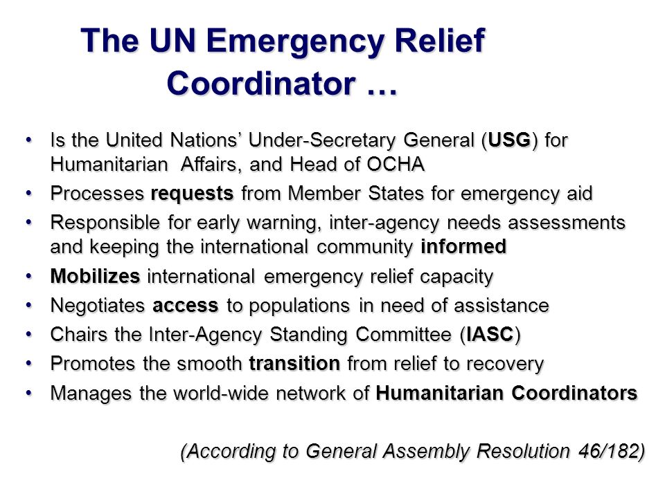 The UN Emergency Relief Coordinator … Is the United Nations’ Under-Secretary General (USG) for Humanitarian Affairs, and Head of OCHAIs the United Nations’ Under-Secretary General (USG) for Humanitarian Affairs, and Head of OCHA Processes requests from Member States for emergency aidProcesses requests from Member States for emergency aid Responsible for early warning, inter-agency needs assessments and keeping the international community informedResponsible for early warning, inter-agency needs assessments and keeping the international community informed Mobilizes international emergency relief capacityMobilizes international emergency relief capacity Negotiates access to populations in need of assistanceNegotiates access to populations in need of assistance Chairs the Inter-Agency Standing Committee (IASC)Chairs the Inter-Agency Standing Committee (IASC) Promotes the smooth transition from relief to recoveryPromotes the smooth transition from relief to recovery Manages the world-wide network of Humanitarian CoordinatorsManages the world-wide network of Humanitarian Coordinators (According to General Assembly Resolution 46/182)