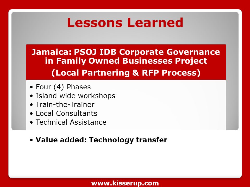 Lessons Learned Jamaica: PSOJ IDB Corporate Governance in Family Owned Businesses Project (Local Partnering & RFP Process) Four (4) Phases Island wide workshops Train-the-Trainer Local Consultants Technical Assistance Value added: Technology transfer