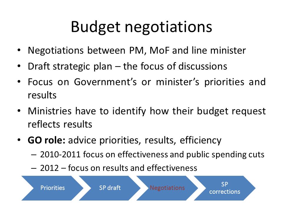 Budget negotiations Negotiations between PM, MoF and line minister Draft strategic plan – the focus of discussions Focus on Government’s or minister’s priorities and results Ministries have to identify how their budget request reflects results GO role: advice priorities, results, efficiency – focus on effectiveness and public spending cuts – 2012 – focus on results and effectiveness PrioritiesSP draftNegotiations SP corrections