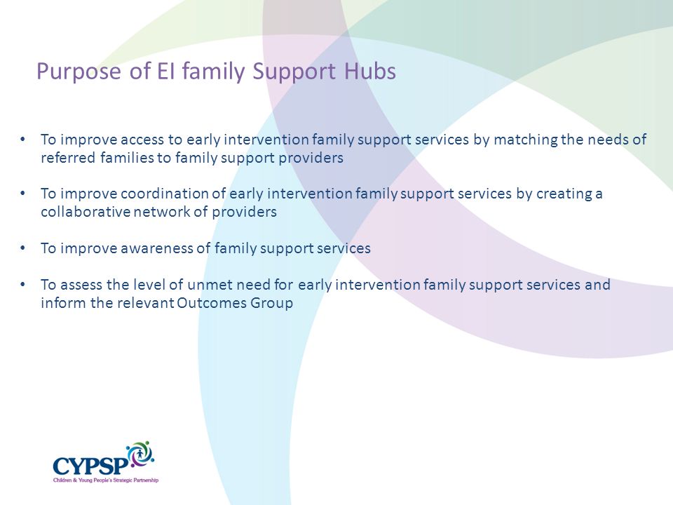 To improve access to early intervention family support services by matching the needs of referred families to family support providers To improve coordination of early intervention family support services by creating a collaborative network of providers To improve awareness of family support services To assess the level of unmet need for early intervention family support services and inform the relevant Outcomes Group Purpose of EI family Support Hubs