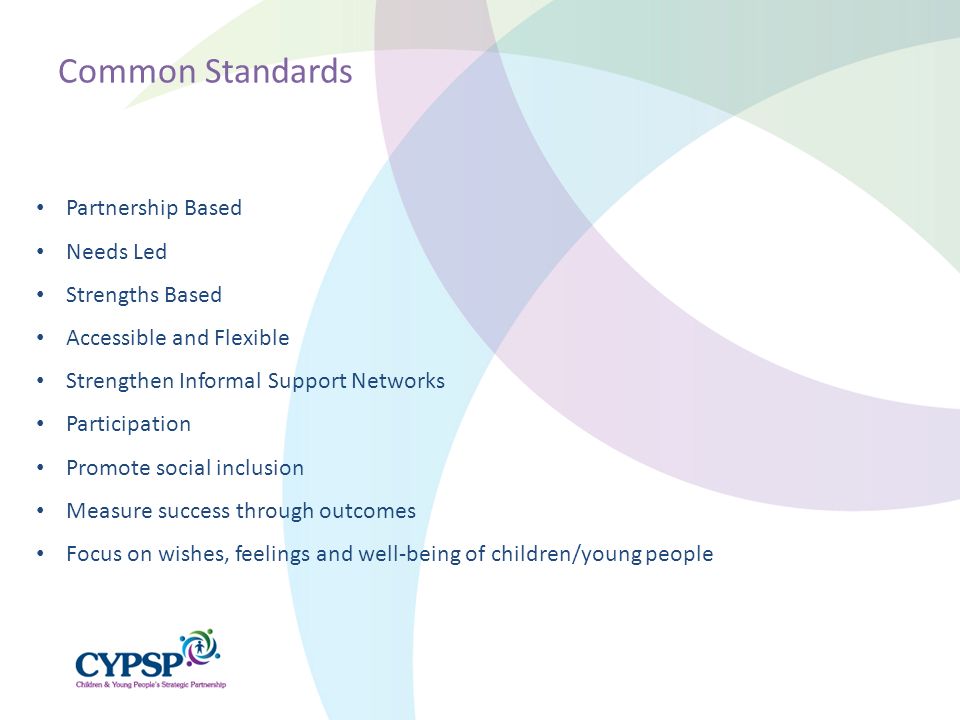 Partnership Based Needs Led Strengths Based Accessible and Flexible Strengthen Informal Support Networks Participation Promote social inclusion Measure success through outcomes Focus on wishes, feelings and well-being of children/young people Common Standards