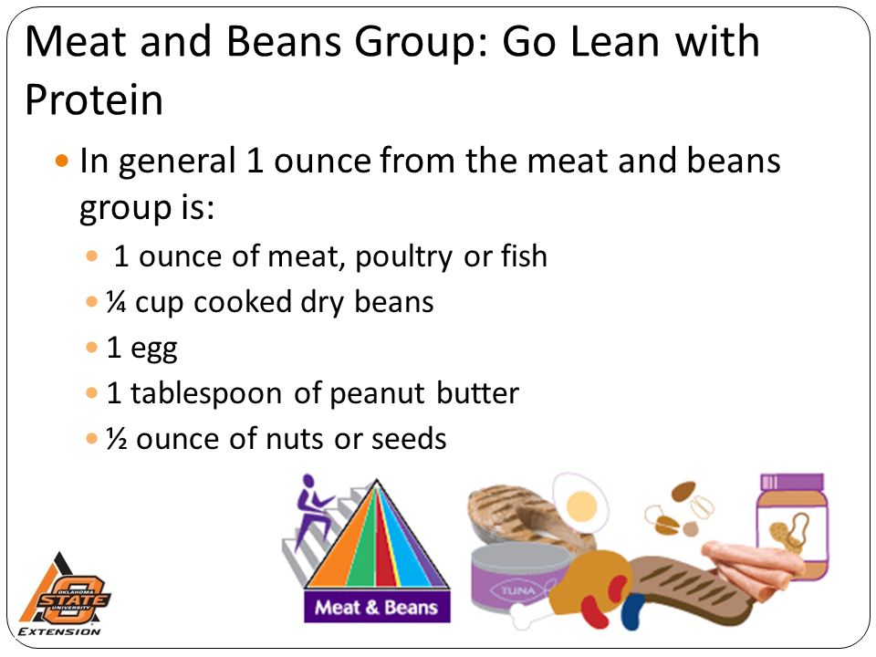 Meat and Beans Group: Go Lean with Protein In general 1 ounce from the meat and beans group is: 1 ounce of meat, poultry or fish ¼ cup cooked dry beans 1 egg 1 tablespoon of peanut butter ½ ounce of nuts or seeds