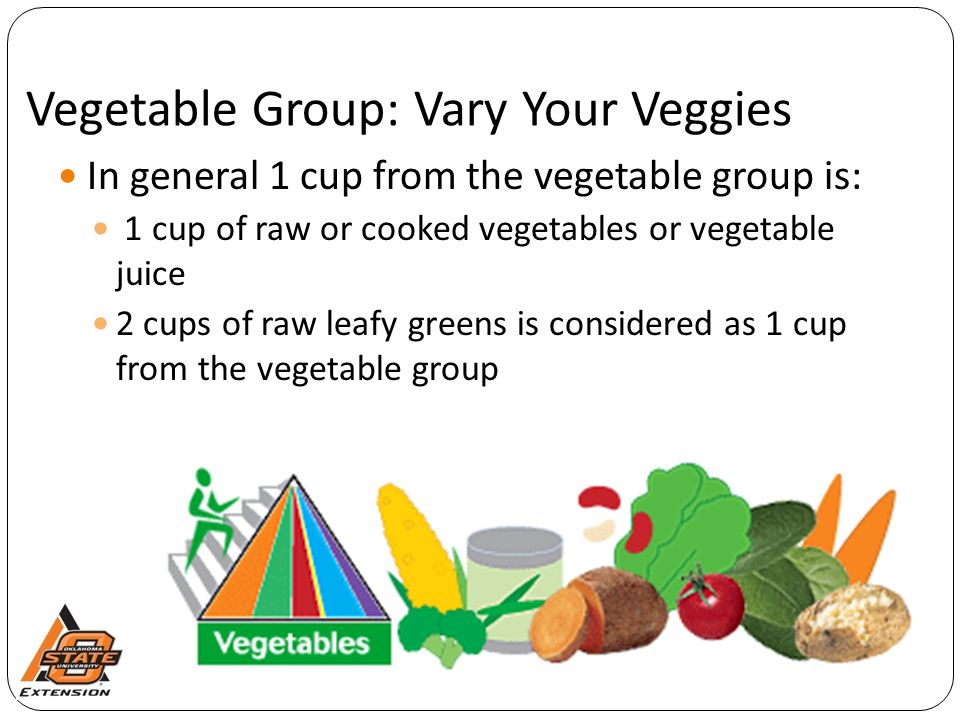 Vegetable Group: Vary Your Veggies In general 1 cup from the vegetable group is: 1 cup of raw or cooked vegetables or vegetable juice 2 cups of raw leafy greens is considered as 1 cup from the vegetable group