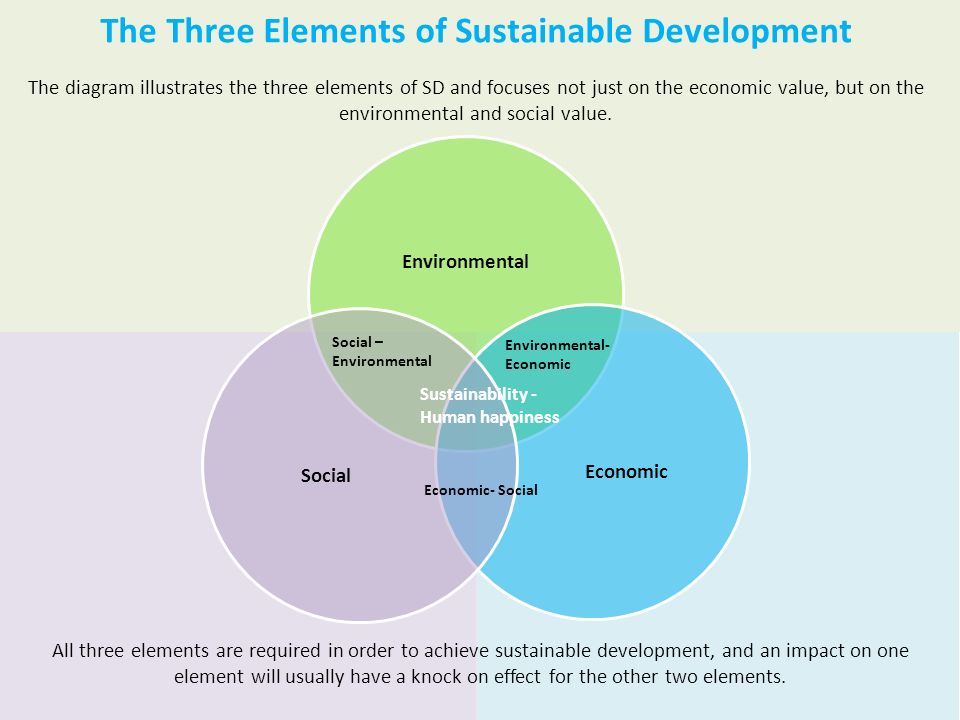 The Three Elements of Sustainable Development The diagram illustrates the three elements of SD and focuses not just on the economic value, but on the environmental and social value.