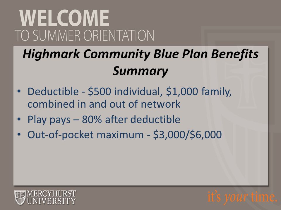 Highmark Community Blue Plan Benefits Summary Deductible - $500 individual, $1,000 family, combined in and out of network Play pays – 80% after deductible Out-of-pocket maximum - $3,000/$6,000