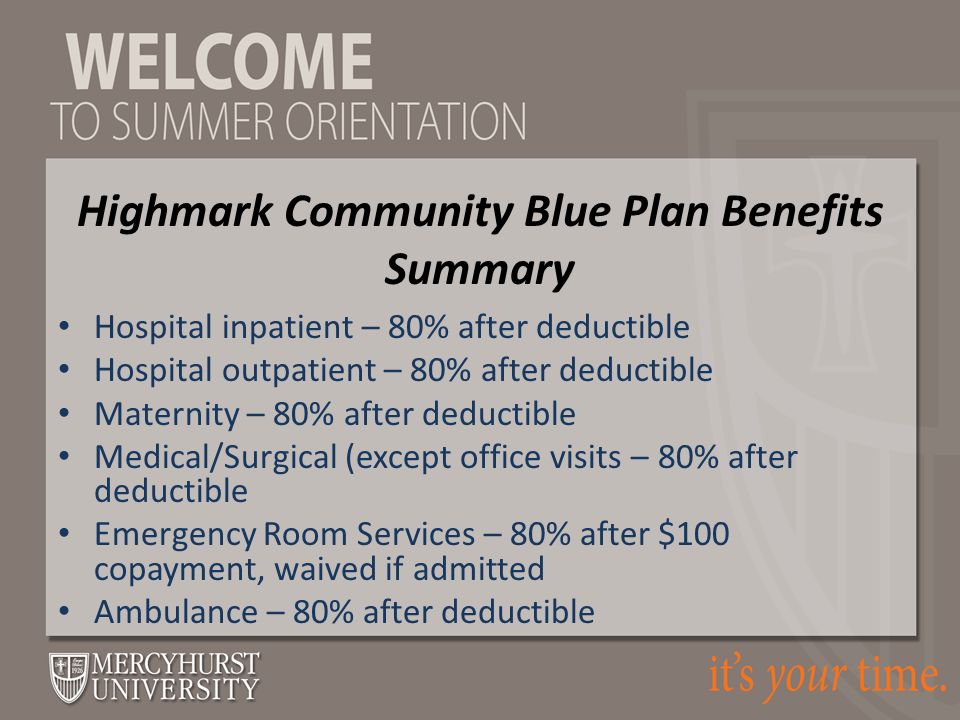 Hospital inpatient – 80% after deductible Hospital outpatient – 80% after deductible Maternity – 80% after deductible Medical/Surgical (except office visits – 80% after deductible Emergency Room Services – 80% after $100 copayment, waived if admitted Ambulance – 80% after deductible Highmark Community Blue Plan Benefits Summary
