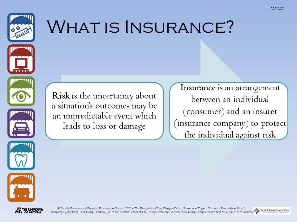 © Family Economics & Financial Education – October 2010 – The Essentials to Take Charge of Your Finances – Types of Insurance Essentials – Slide 2 Funded by a grant from Take Charge America, Inc.