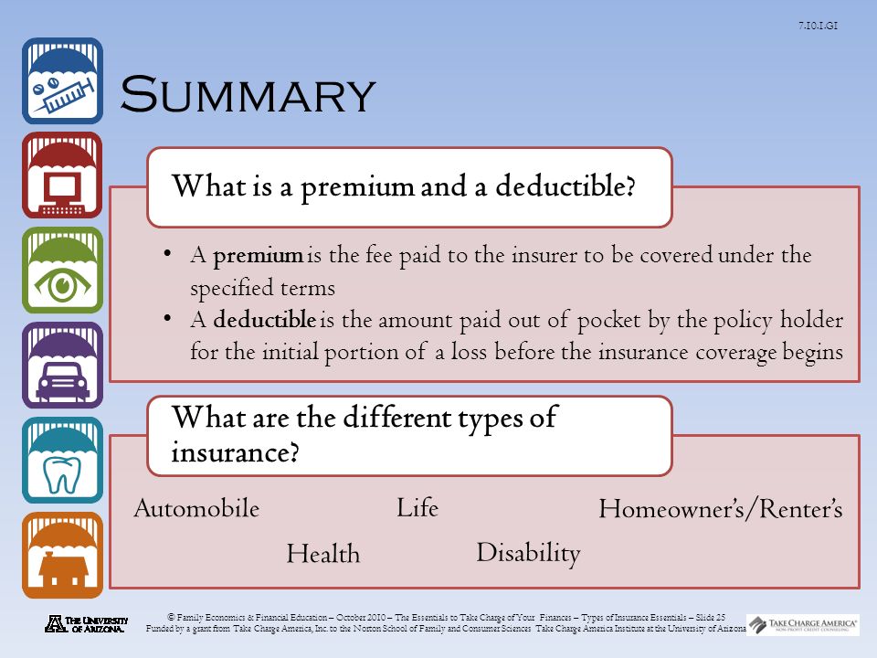 © Family Economics & Financial Education – October 2010 – The Essentials to Take Charge of Your Finances – Types of Insurance Essentials – Slide 25 Funded by a grant from Take Charge America, Inc.