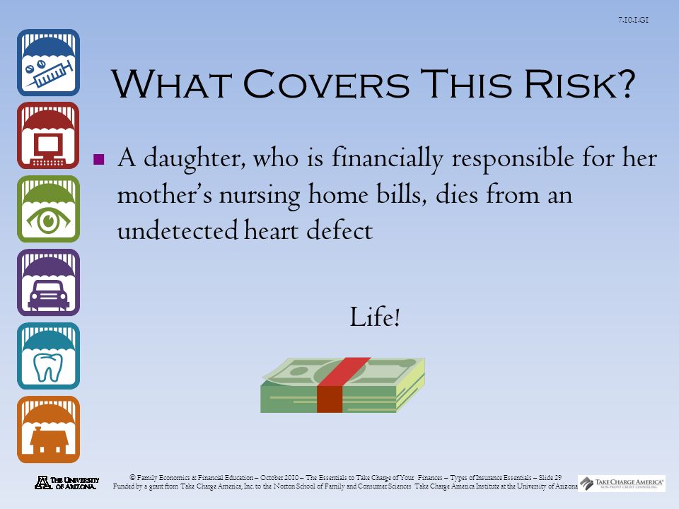 © Family Economics & Financial Education – October 2010 – The Essentials to Take Charge of Your Finances – Types of Insurance Essentials – Slide 29 Funded by a grant from Take Charge America, Inc.