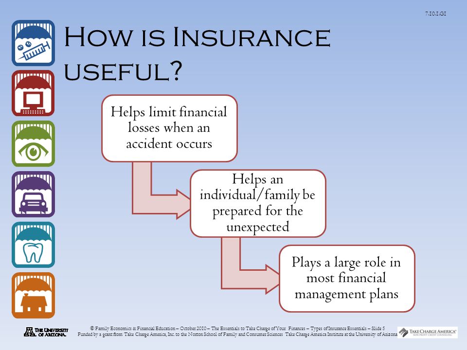 © Family Economics & Financial Education – October 2010 – The Essentials to Take Charge of Your Finances – Types of Insurance Essentials – Slide 5 Funded by a grant from Take Charge America, Inc.