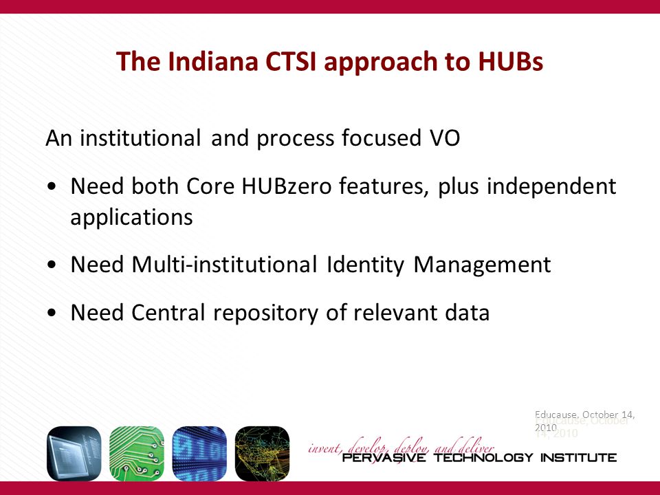 The Indiana CTSI approach to HUBs An institutional and process focused VO Need both Core HUBzero features, plus independent applications Need Multi-institutional Identity Management Need Central repository of relevant data