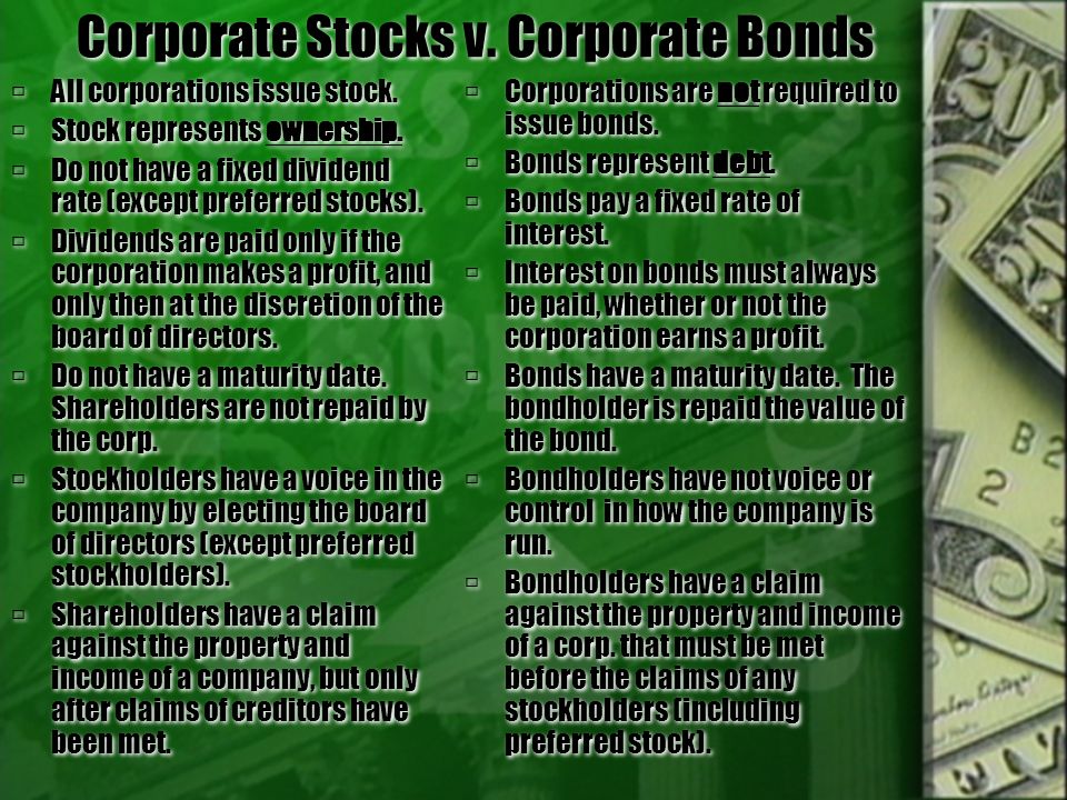 Corporate Stocks v. Corporate Bonds  All corporations issue stock.