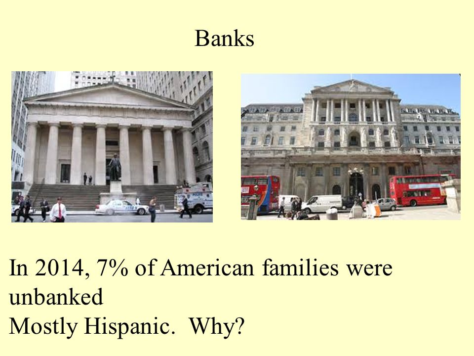 Banks In 2014, 7% of American families were unbanked Mostly Hispanic. Why