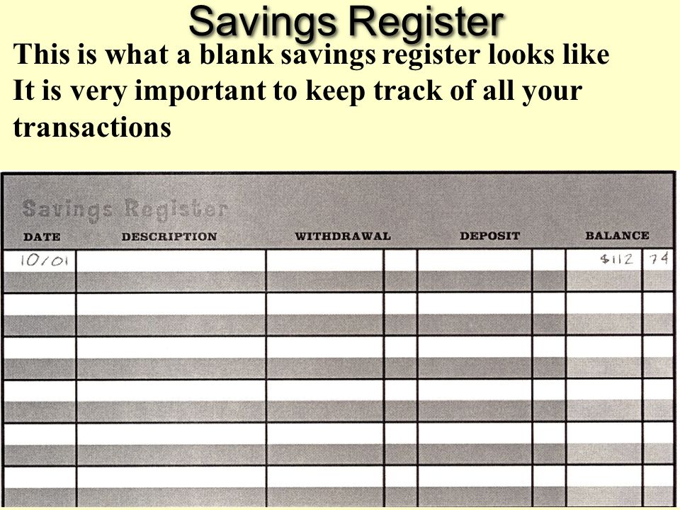 Savings Register This is what a blank savings register looks like It is very important to keep track of all your transactions