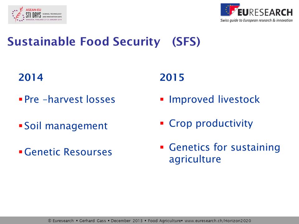 © Euresearch  Gerhard Gass  December 2013  Food Agriculture    Sustainable Food Security (SFS)  Pre –harvest losses  Soil management  Genetic Resourses  Improved livestock  Crop productivity  Genetics for sustaining agriculture