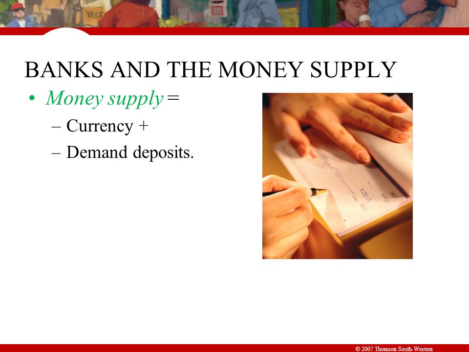 © 2007 Thomson South-Western BANKS AND THE MONEY SUPPLY Money supply = –Currency + –Demand deposits.