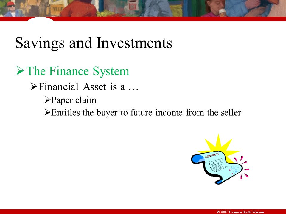© 2007 Thomson South-Western Savings and Investments  The Finance System  Financial Asset is a …  Paper claim  Entitles the buyer to future income from the seller