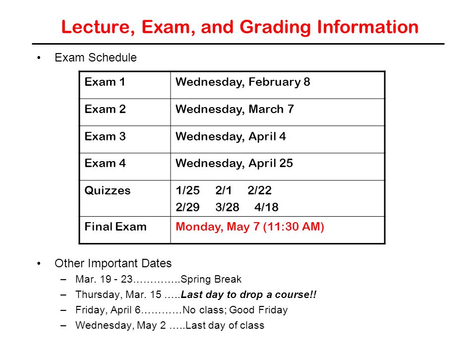 Lecture, Exam, and Grading Information Exam Schedule Other Important Dates –Mar.