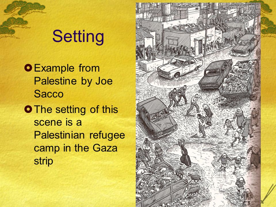 Setting  Example from Palestine by Joe Sacco  The setting of this scene is a Palestinian refugee camp in the Gaza strip