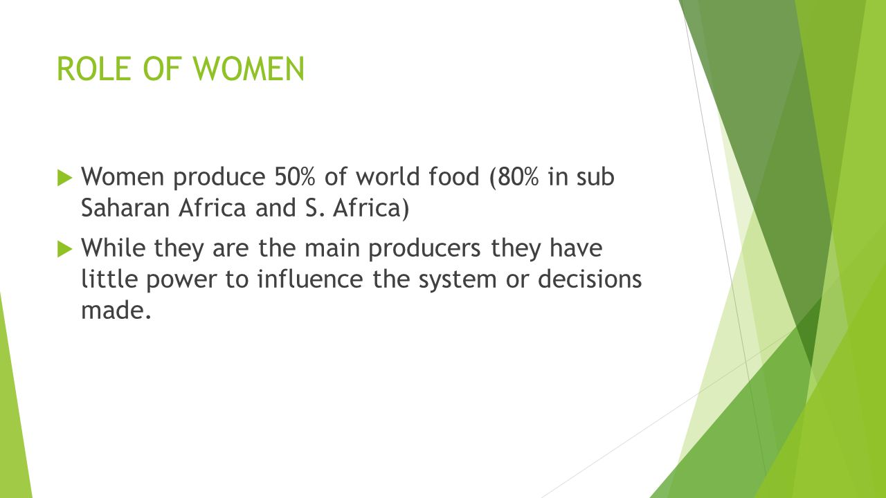 ROLE OF WOMEN  Women produce 50% of world food (80% in sub Saharan Africa and S.