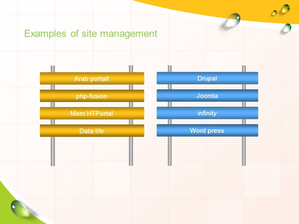 Examples of site management Drupal Joomla infinity Word press Arab portalt php-fusion Mem HTPortal Data life