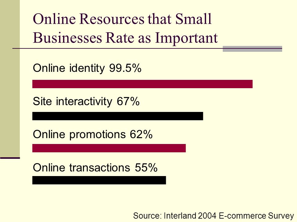Online Resources that Small Businesses Rate as Important Online identity 99.5% Site interactivity 67% Online promotions 62% Online transactions 55% Source: Interland 2004 E-commerce Survey
