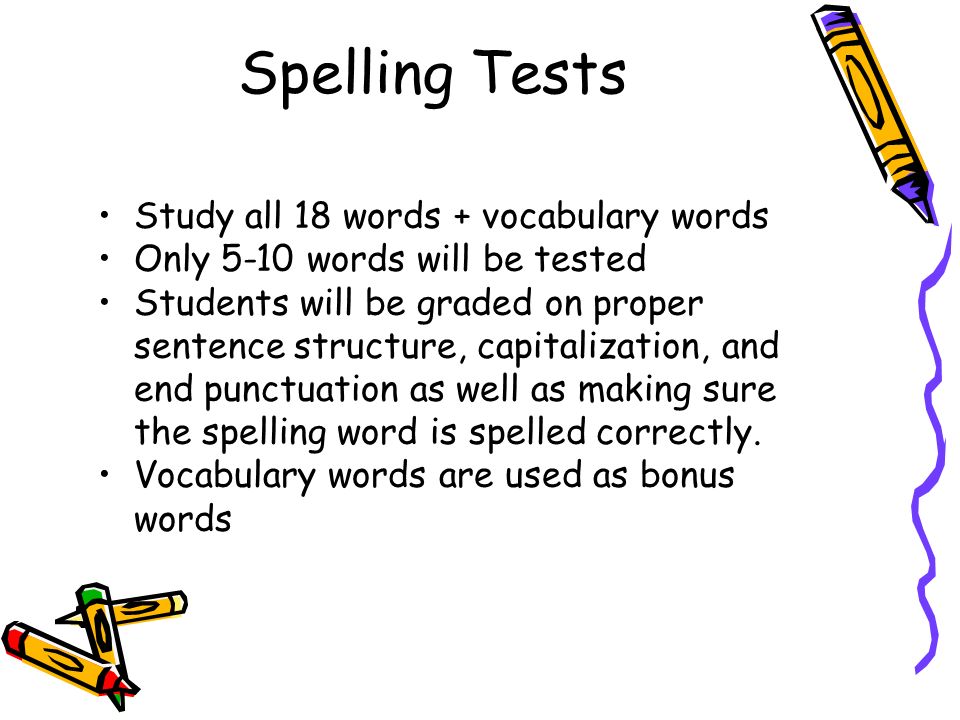 Spelling Tests Study all 18 words + vocabulary words Only 5-10 words will be tested Students will be graded on proper sentence structure, capitalization, and end punctuation as well as making sure the spelling word is spelled correctly.