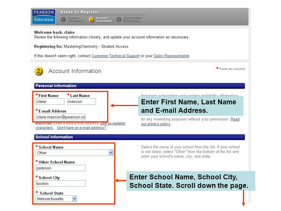 Enter School Name, School City, School State. Scroll down the page.