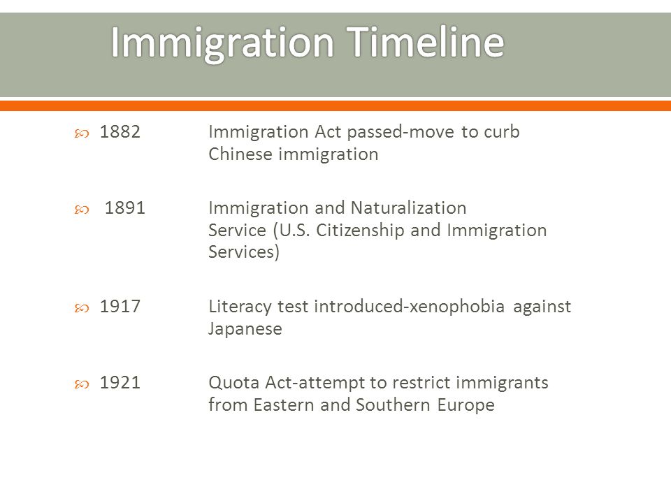  1882Immigration Act passed-move to curb Chinese immigration  1891Immigration and Naturalization Service (U.S.
