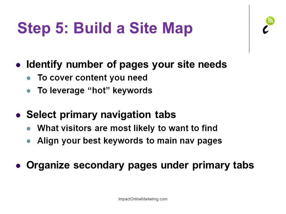 Step 5: Build a Site Map Identify number of pages your site needs To cover content you need To leverage hot keywords Select primary navigation tabs What visitors are most likely to want to find Align your best keywords to main nav pages Organize secondary pages under primary tabs ImpactOnlineMarketing.com