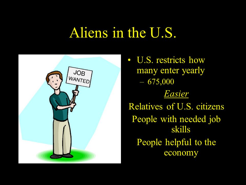 Aliens in the U.S. U.S. restricts how many enter yearly –675,000 Easier Relatives of U.S.