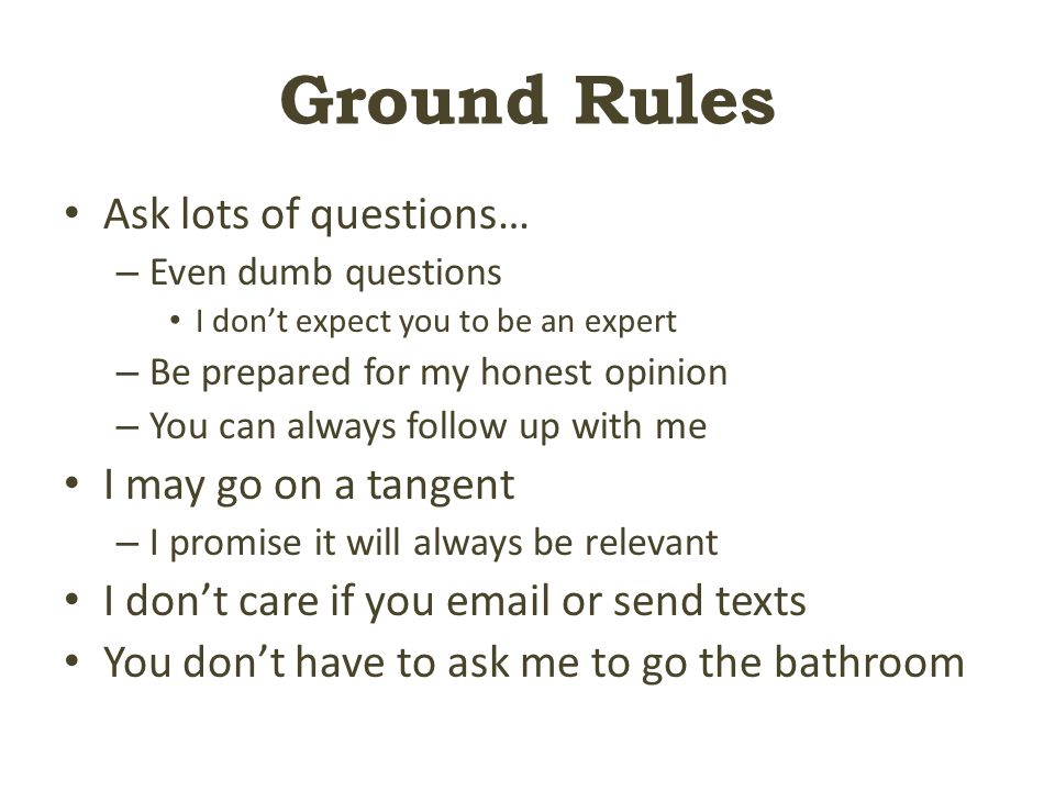 Ground Rules Ask lots of questions… – Even dumb questions I don’t expect you to be an expert – Be prepared for my honest opinion – You can always follow up with me I may go on a tangent – I promise it will always be relevant I don’t care if you  or send texts You don’t have to ask me to go the bathroom