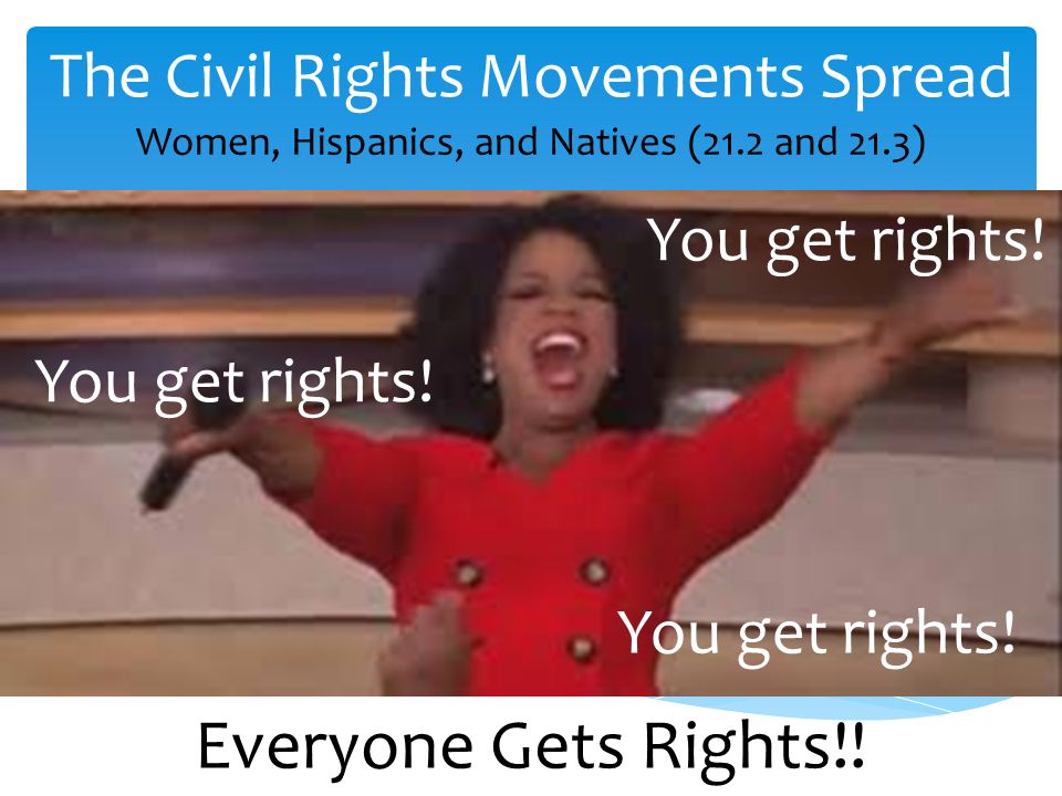 The Civil Rights Movements Spread Women, Hispanics, and Natives (21.2 and 21.3) You get rights.