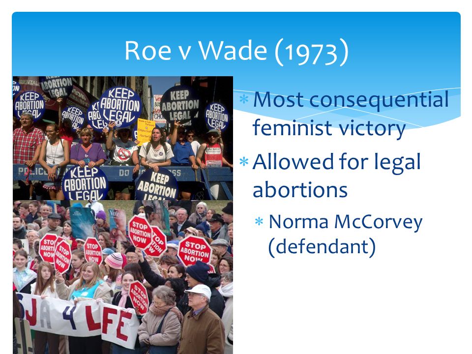  Most consequential feminist victory  Allowed for legal abortions  Norma McCorvey (defendant) Roe v Wade (1973)